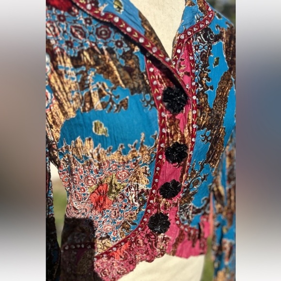 ALBERTO MAKALI Boho Crushed Velvet Burnout Jacket Teal Floral Size Small - Picture 8 of 10